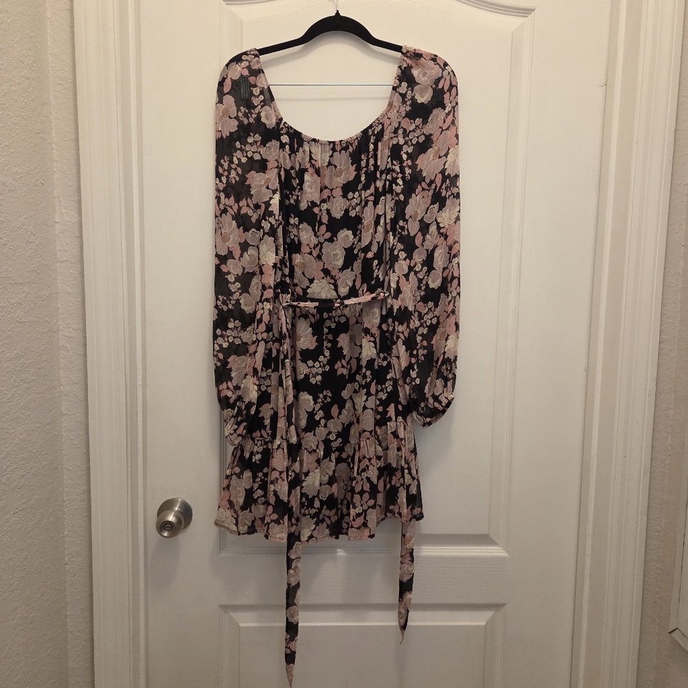 PAIGE size S Small women's floral midi dress semi sheer long sleeves waist tie